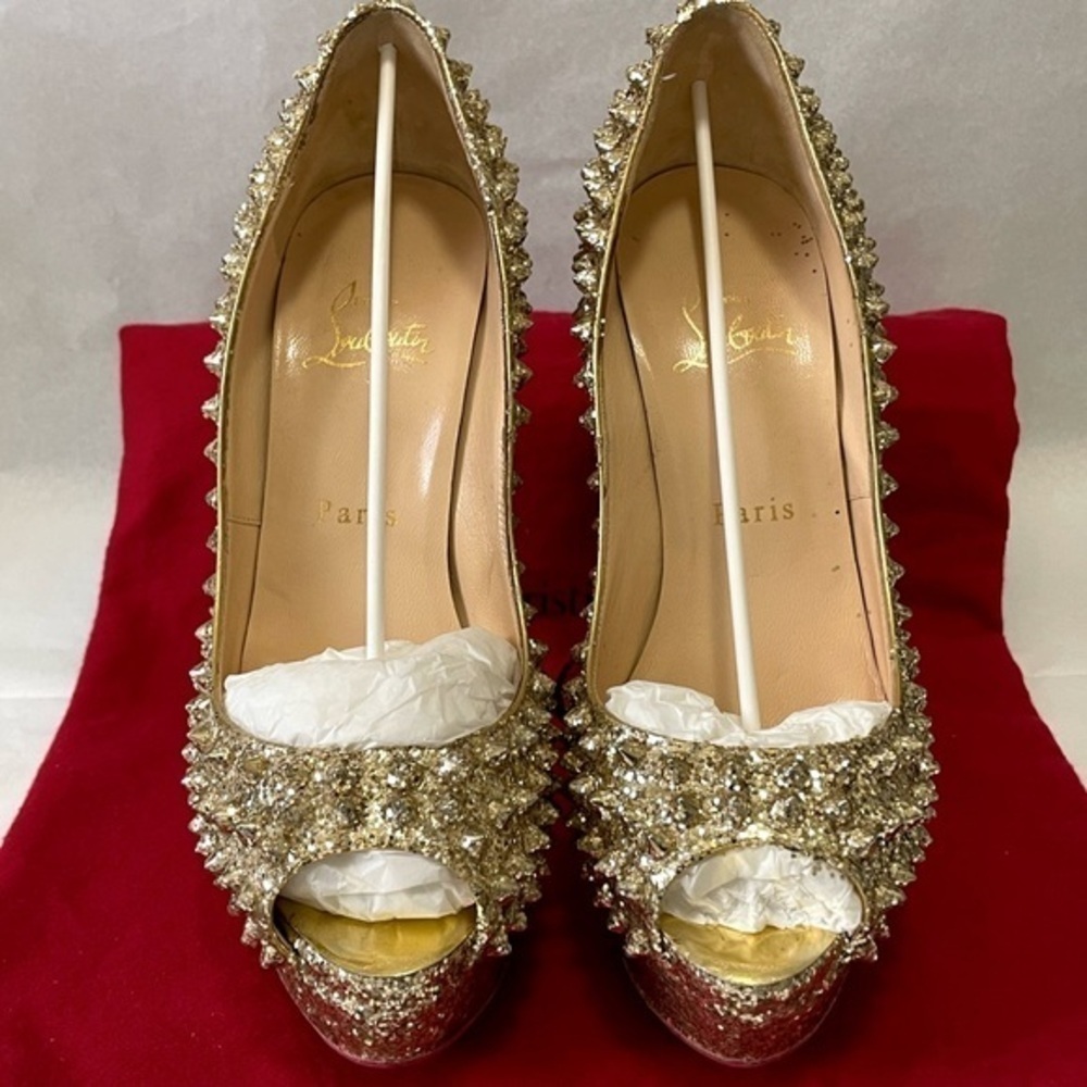 Christian Louboutin “Glitter Specchio” Lady Peep spikes.EU38 140mm 1” platform.